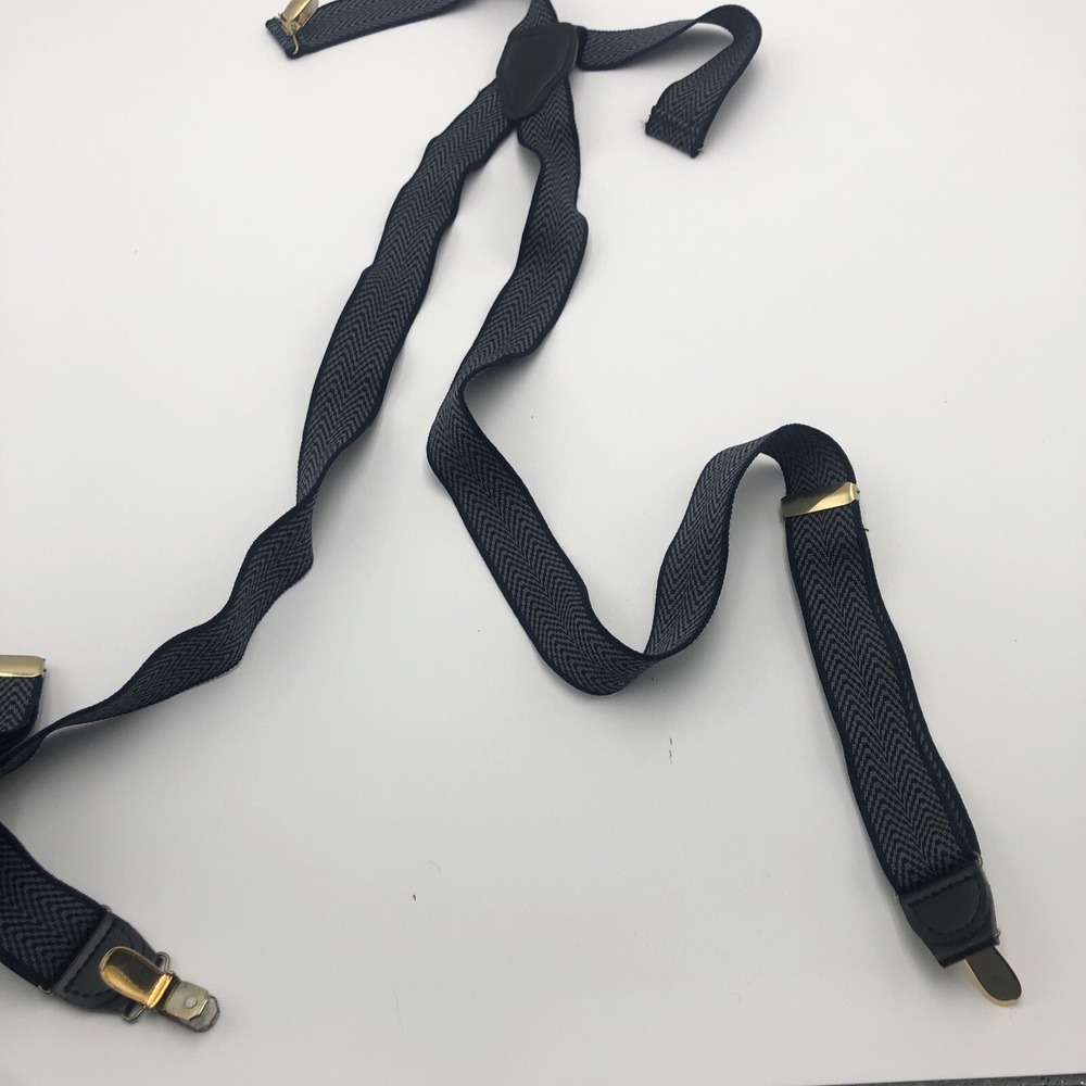 CAS Made in Germany Full Elastic Blue Striped Suspenders Black Leather Tabs Used